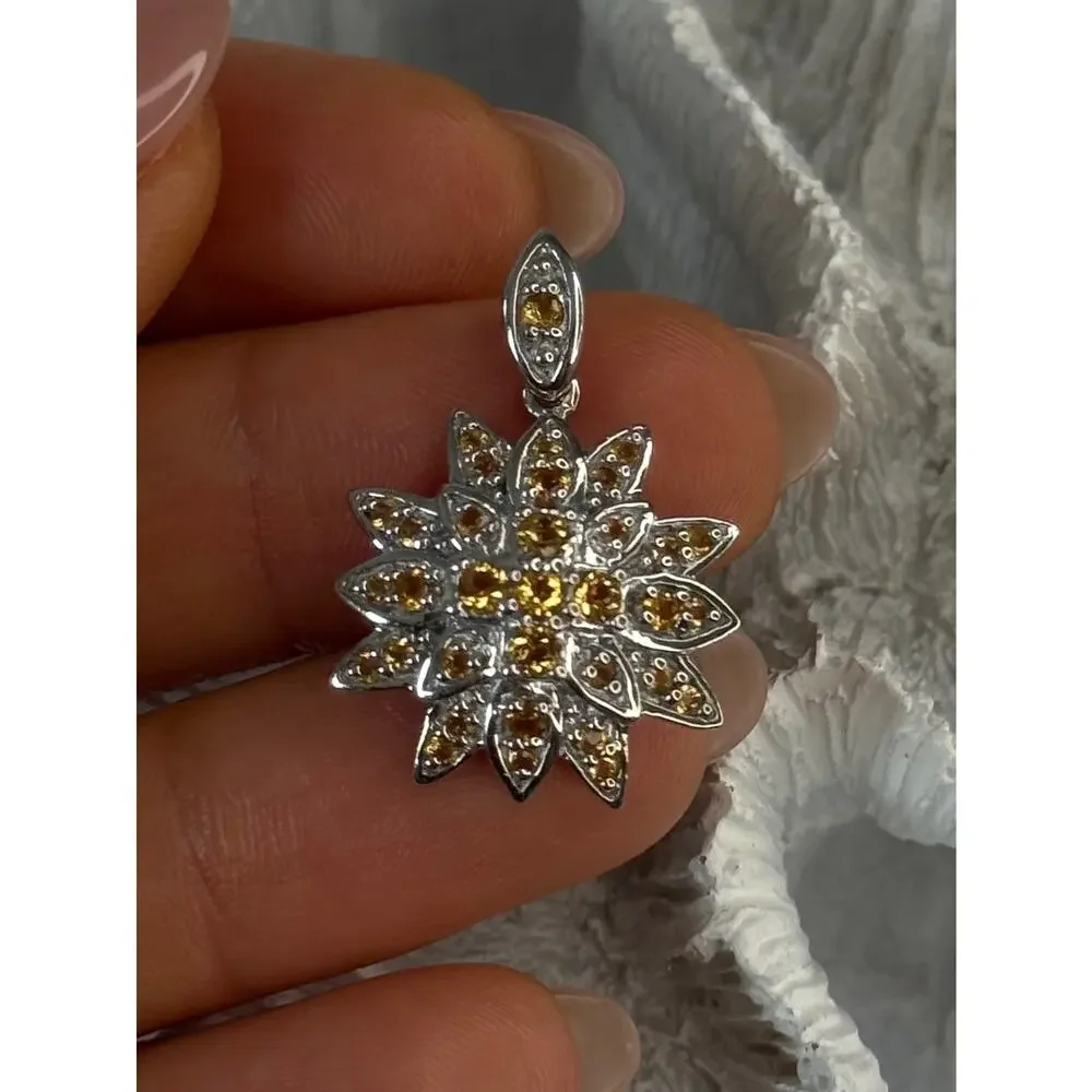 925 Sterling Silver Citrine Flower Pendant Length 1.15 inch